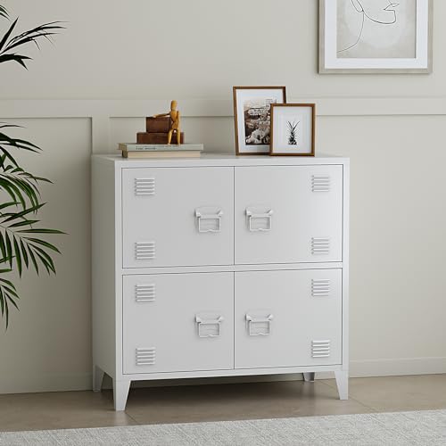 [en.casa] Büroschrank Hamina Aktenschrank mit 4 Türen Mehrzweckschrank mit 2 Ablagefächern Industrial Aufbewahrungsschrank aus Stahl Beistellschrank 80 x 40 x 82 cm Weiß von [en.casa]