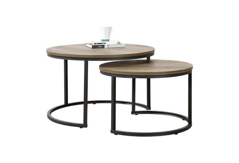 en.casa Couchtisch, »Christchurch« 2er Set rund Dunkler Holzoptik/Schwarz von en.casa