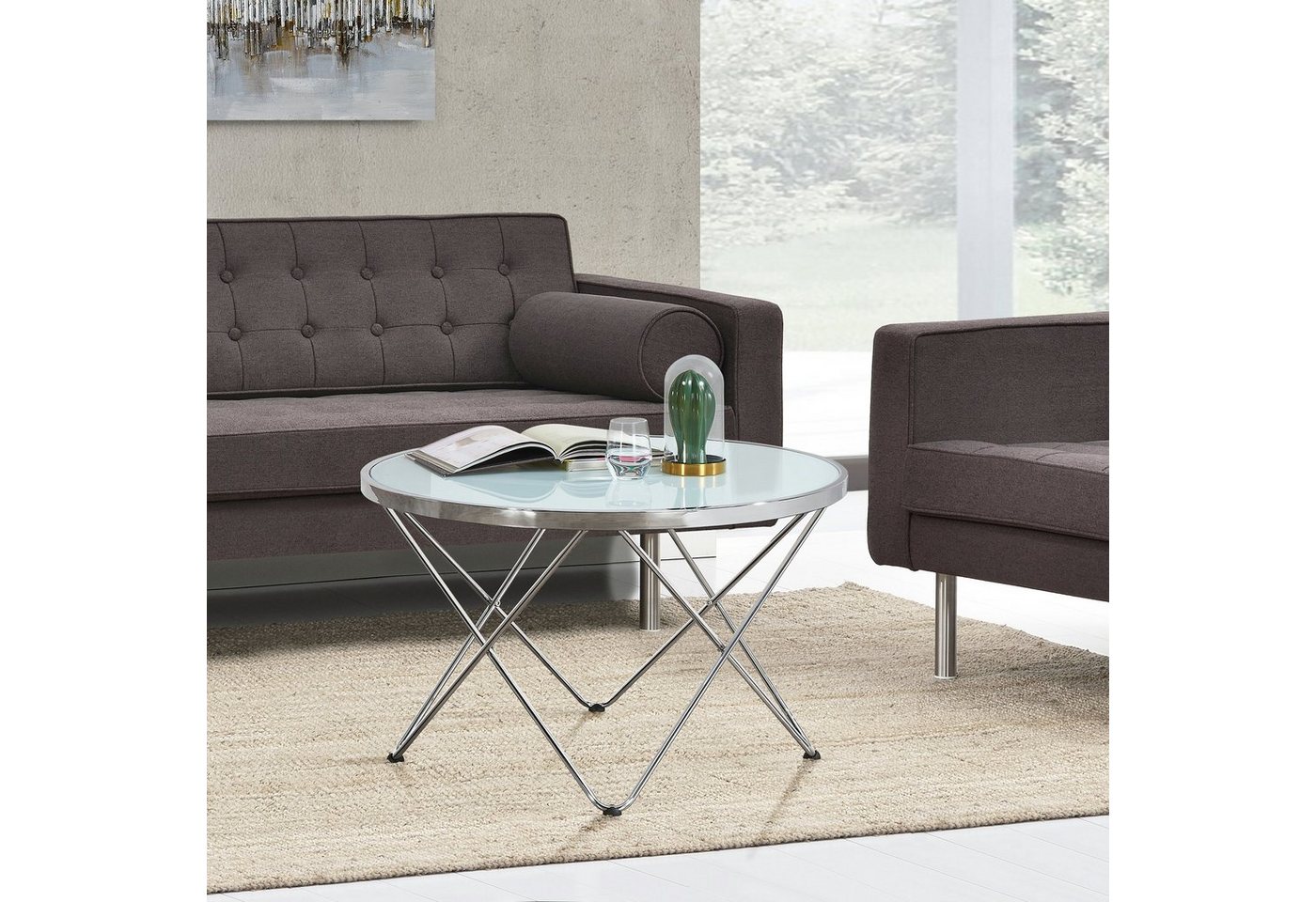 en.casa Couchtisch, »Nikkeby« Beistelltisch 80x50cm rund Metall Glas Milchglasoptik von en.casa