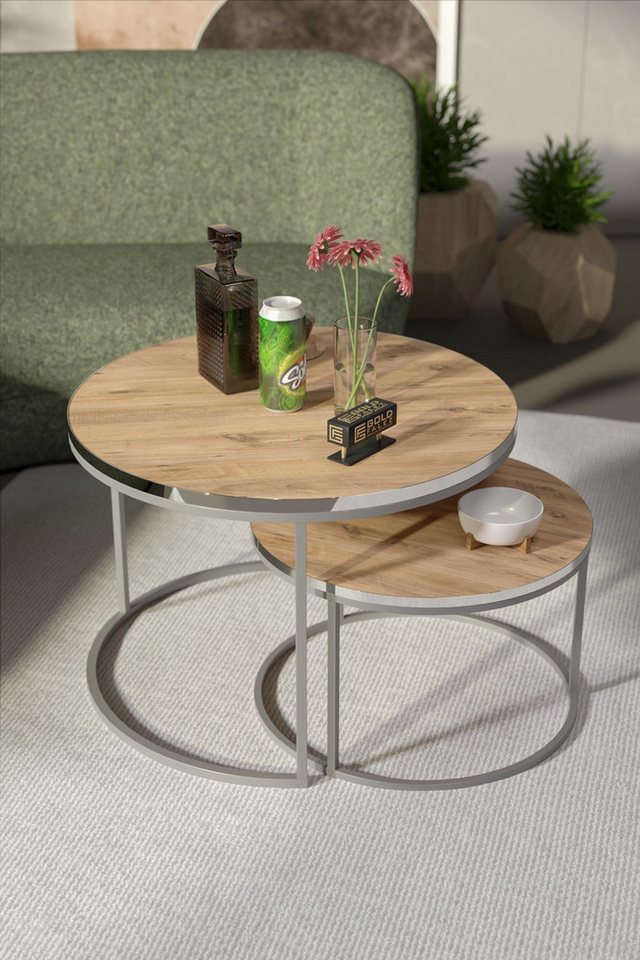 en.casa Couchtisch (2-St), 2-teilig, rund, Holzdekor Atlantik-Kiefer von en.casa