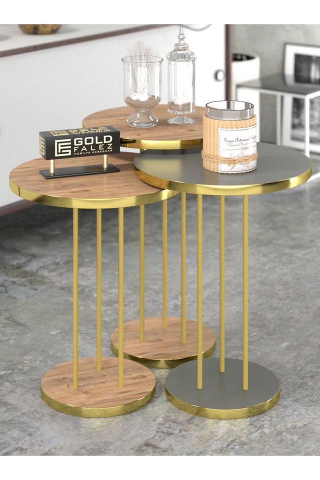 en.casa Couchtisch (3-St), 3er-Set, zweistufig, modern – Farbe: braun von en.casa