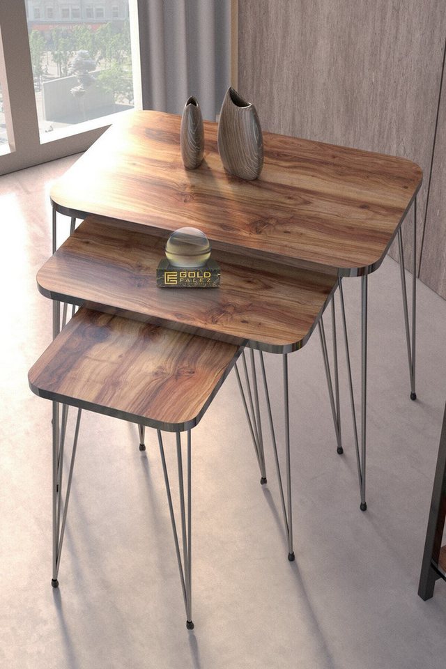 en.casa Couchtisch (3-St), Quadratische Satztische 55 x 38 cm Spanplatte/draht/pvc Braun 89321655 von en.casa