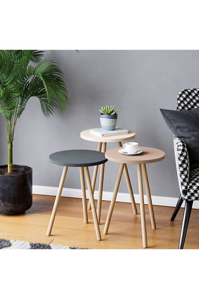 en.casa Couchtisch (3-St), Runde Beistelltische 34 x 34 cm Spanplatte Grau 89866692 von en.casa