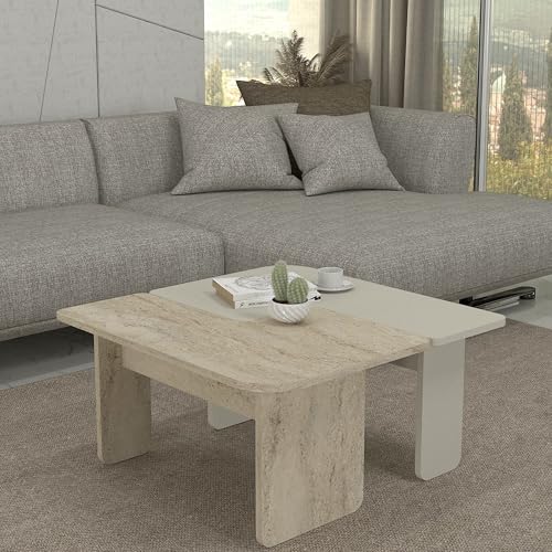 [en.casa] Couchtisch 2-teilig Boneksbelt eckig Wohnzimmertisch Set Sofatisch Satztisch zusammenschiebbar Sandsteinfarben/Travertinfarben von [en.casa]