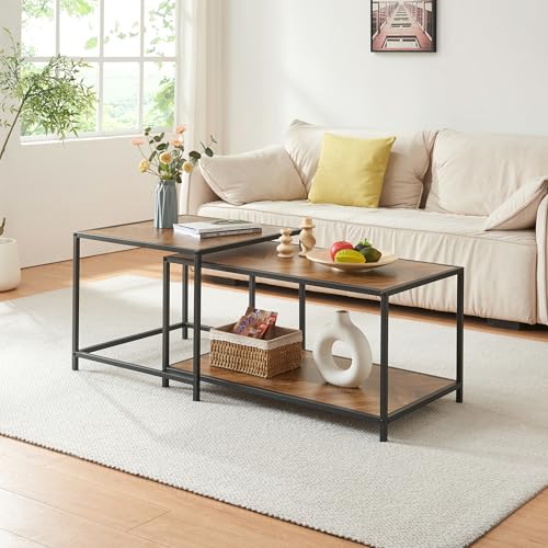[en.casa] Couchtisch 2er Set Kurghore Wohnzimmertische Beistelltische eckig Satztisch Metallgestell Schwarz/Eichenoptik, dunkel von [en.casa]