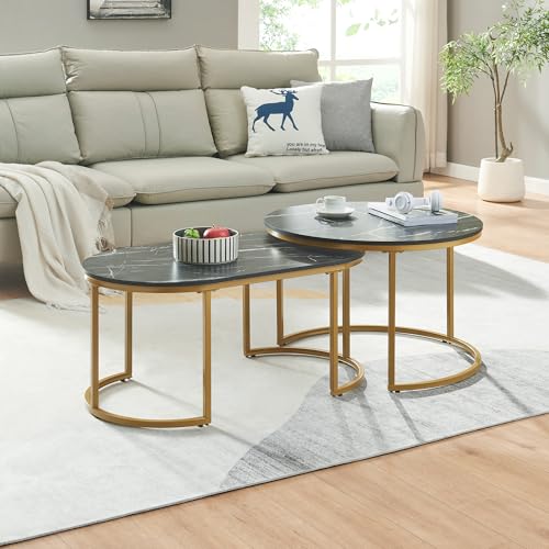 [en.casa] Couchtisch 2er Set Oppeerg Beistelltisch Wohnzimmertisch mit Metallgestell Satztisch Sofatisch Marmoroptik, schwarz/Gold von [en.casa]