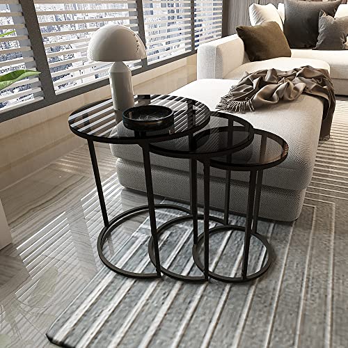 [en.casa] Couchtisch 3er Set Kyyjärvi Wohnzimmertisch rund Beistelltisch Tischset 3-teilig Satztisch Metallgestell gehärtetes Rauchglas 4mm Schwarz/Transparent von [en.casa]