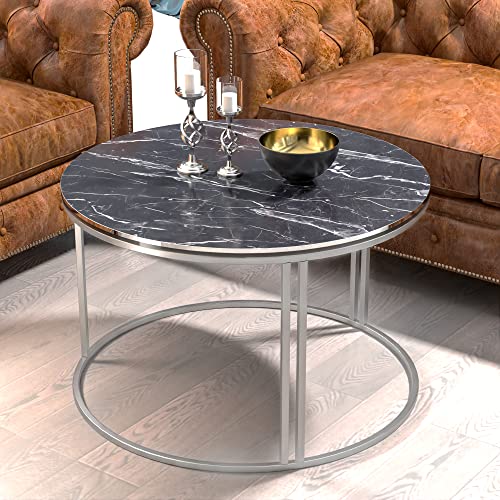 [en.casa] Couchtisch Aulum Beistelltisch 50 x 80 cm Kaffeetisch aus Spanplatte und Metall Sofatisch für Wohnzimmer Schlafzimmer Marmor, schwarz/Silber von [en.casa]