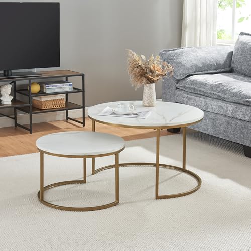 [en.casa] Couchtisch Christchurch 2er Set Wohnzimmertisch rund Marmoroptik Weiß Goldfarben Satztisch Beistelltisch Metallgestell Kaffeetisch von [en.casa]