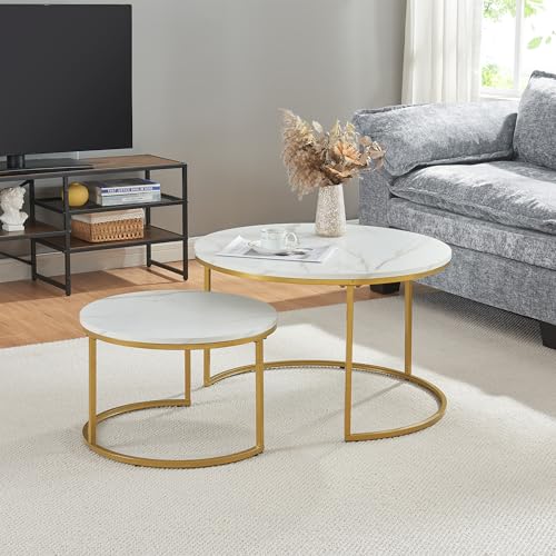 [en.casa] Couchtisch Christchurch 2er Set Wohnzimmertisch rund Sofatisch Satztisch Beistelltisch mit Metallgestell Kaffeetisch Marmoroptik, Weiß/Gold von [en.casa]