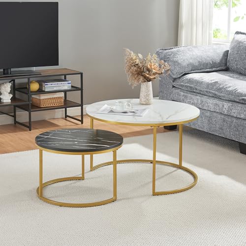 [en.casa] Couchtisch Christchurch 2er Set Wohnzimmertisch rund Sofatisch Satztisch Beistelltisch mit Metallgestell Kaffeetisch Marmoroptik, Weiß/Schwarz/Gold von [en.casa]