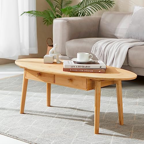 [en.casa] Couchtisch Harboøre Wohnzimmertisch Ovaler Kaffeetisch mit Holz Beinen Sofatisch mit 2 Schubladen 37x100x48cm für Wohnzimmer Bambus Naturfarben von [en.casa]