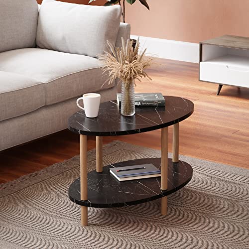[en.casa] Couchtisch Højreby Sofatisch mit 1 Ablage oval Wohnzimmer 70 x 44 x 43 cm Beine aus Buchenholz Marmoroptik, schwarz von [en.casa]