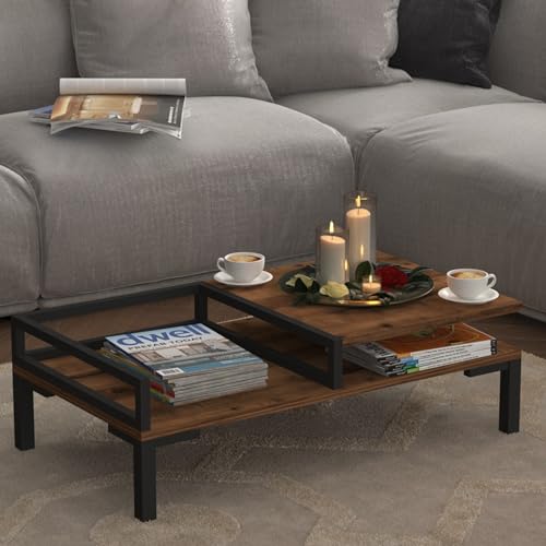 [en.casa] Couchtisch Ibestad Sofatisch mit Stauraum Wohnzimmertisch mit Metallrahmen Kaffeetisch offenes Ablagefach Holzwerkstoff 90x50x28cm Walnuss von [en.casa]