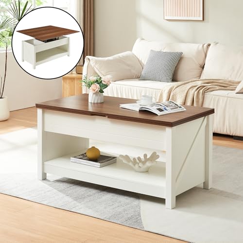 [en.casa] Couchtisch Kasama Wohnzimmertisch höhenverstellbar 110 x 55 x 54 cm Sofatisch mit 2 Hebeplatten 3 Innenfächern und unterer Ablage Kaffeetisch rechteckig Walnussoptik/Weiß von [en.casa]
