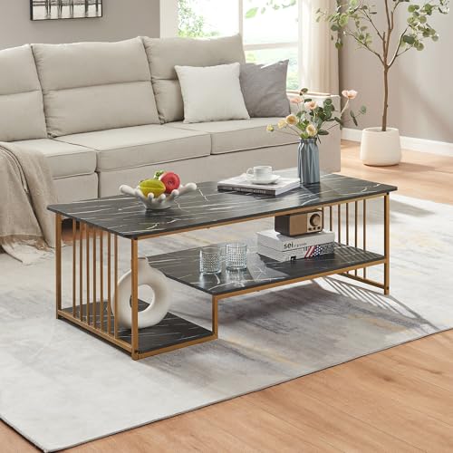 [en.casa] Couchtisch Klibro Sofatisch mit 2 Ablagen Wohnzimmer 120 x 60 x 42 cm eckig Metallgestell Marmoroptik, schwarz/Goldfarben von [en.casa]