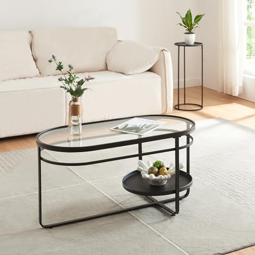 [en.casa] Couchtisch Kumla Wohnzimmertisch mit unterer Ablage Sofatisch oval Glasplatte Schwarz Kaffeetisch 90 x 42,5 x 46 cm Metallgestell von [en.casa]