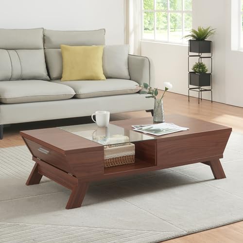 [en.casa] Couchtisch Ljusdal Wohnzimmertisch mit Stauraum Walnuss-Optik Kaffeetisch mit aufklappbaren Staufächern rechteckig Glasplatte 120 x 55 x 33 cm von [en.casa]