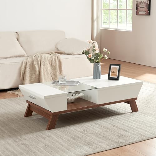 [en.casa] Couchtisch Ljusdal Wohnzimmertisch mit Stauraum Weiß/Walnuss-Optik Kaffeetisch mit aufklappbaren Staufächern rechteckig Glasplatte 120 x 55 x 33 cm von [en.casa]