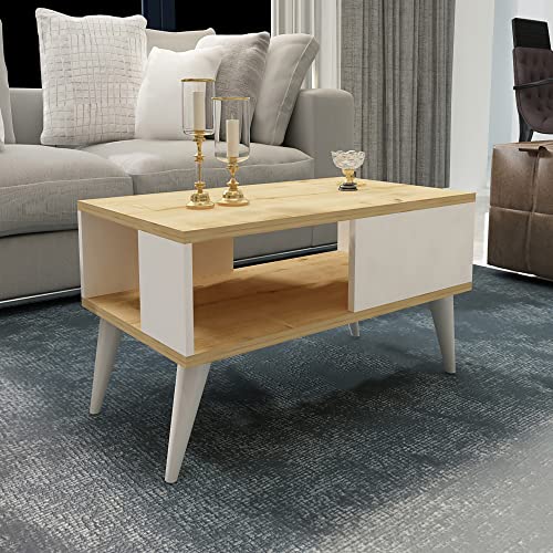 [en.casa] Couchtisch Ludvika Wohnzimmertisch mit Stauraum 90 x 45 x 40 cm Beistelltisch rechteckig Sofatisch Eichenoptik/Weiß von [en.casa]