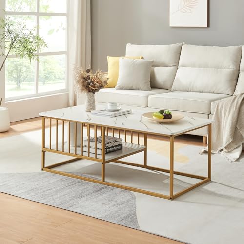 [en.casa] Couchtisch Raukurg Sofatisch mit einem Ablagefach Wohnzimmer 120 x 60 x 44 cm rechteckig Metallgestell Marmoroptik, weiß/Goldfarben von [en.casa]