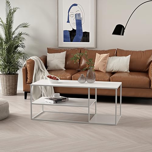 [en.casa] Couchtisch Solund Beistelltisch Metall Weiß matt Wohnzimmertisch mit Stauraum 120 x 50 x 50 cm Sofatisch rechteckig Kaffeetisch von [en.casa]