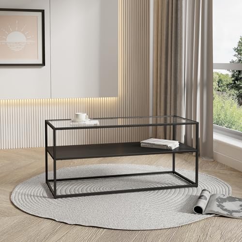 [en.casa] Couchtisch Solund Beistelltisch mit Glasplatte Metall Schwarz matt Wohnzimmertisch mit Stauraum 102 x 43 x 46 cm Sofatisch rechteckig Kaffeetisch von [en.casa]