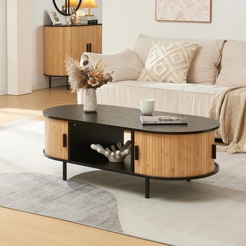 [en.casa] Couchtisch Tvedestrand Wohnzimmertisch mit 2 Schiebetüren mit Metallbeine Sofatisch mit Stauraum 120 x 55 x 40 cm Natur/Schwarz von [en.casa]