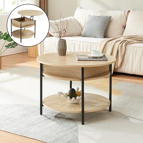 [en.casa] Couchtisch mit Hebeplatte rund Kandas Wohnzimmertisch mit Stauraum Ø70 x 49 cm Kleiner Tisch erhöhbar mit Metallgestell Eicheoptik von [en.casa]