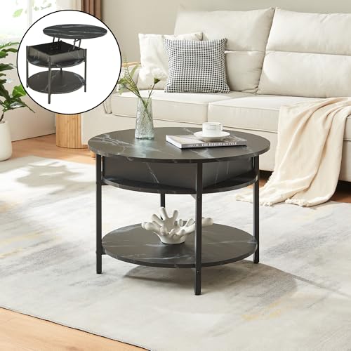 [en.casa] Couchtisch mit Hebeplatte rund Kandas Wohnzimmertisch mit Stauraum Ø70 x 49 cm Kleiner Tisch erhöhbar mit Metallgestell Marmoroptik in Schwarz von [en.casa]