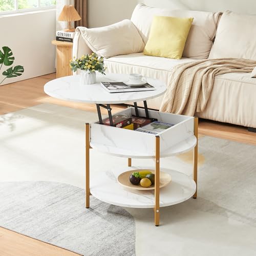[en.casa] Couchtisch mit Hebeplatte rund Kandas Wohnzimmertisch mit Stauraum Ø70 x 49 cm Kleiner Tisch erhöhbar mit Metallgestell Marmoroptik in Weiß von [en.casa]