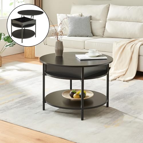 [en.casa] Couchtisch mit Hebeplatte rund Kandas Wohnzimmertisch mit Stauraum Ø70 x 49 cm Kleiner Tisch erhöhbar mit Metallgestell in Schwarz von [en.casa]