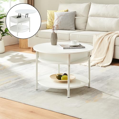 [en.casa] Couchtisch mit Hebeplatte rund Kandas Wohnzimmertisch mit Stauraum Ø70 x 49 cm Kleiner Tisch erhöhbar mit Metallgestell in Weiß von [en.casa]