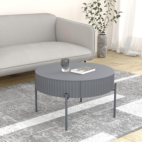 [en.casa] Couchtisch rund Rill Wohnzimmertisch mit Schublade 36 x Ø60 cm Stauraum gerillt Kleiner Tisch mit Metallbeine in Grau von [en.casa]