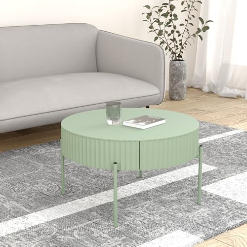 [en.casa] Couchtisch rund Rill Wohnzimmertisch mit Schublade 36 x Ø60 cm Stauraum gerillt Kleiner Tisch mit Metallbeine in Mintgrün von [en.casa]