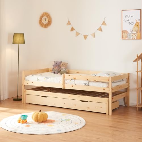 [en.casa] Doppel-Kinderbett Sonkajärvi Kleinkindbett mit Schubladen und Ausziehbett Bettgestell aus Kiefernholz mit Zustellbett 90x200cm Natur von [en.casa]