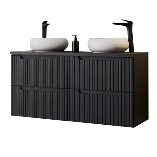 [en.casa] Doppelwaschtisch Skelbolu Waschbeckenunterschrank mit 2 Waschbecken Badschrank mit 2 Schubladen gerillt Waschtisch mit Unterschrank für Wandmontage 120 x 72 x 40 cm Schwarz von [en.casa]