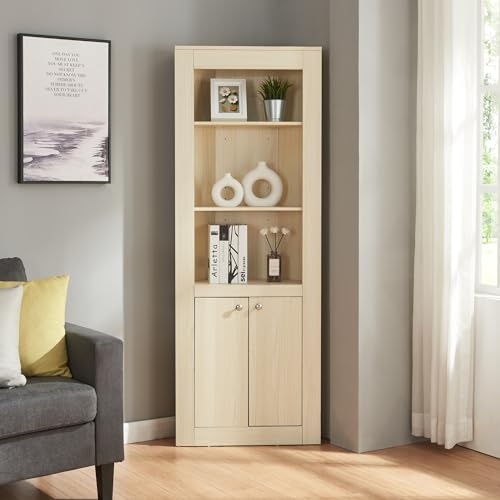 [en.casa] Eckschrank Eura Wohnzimmerschrank mit 2 Türen Hochschrank Bücherschrank Aktenschrank mit 3 offenen Ablagen Eckregal für Wohnzimmer, Büro, Flur 170x62x30cm Eiche von [en.casa]