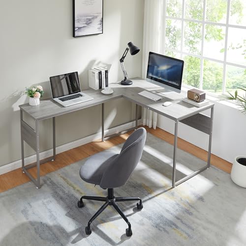 [en.casa] Eckschreibtisch Karlstang Computertisch 166 x 120 x 75 cm Schreibtisch L-Form flexibel montierbar Metallgestell Hellgrau mit Holzmaserung von [en.casa]