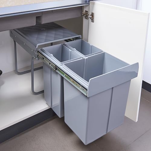 [en.casa] Einbaumülleimer Froland Mülleimer 3 Fächer Mülltrennsystem ausziehbar Abfalleimer Küche 2x10L+1x20L herausnehmbare Behälter 48 x 34 x 42 cm Küchenmülleimer Grau von [en.casa]