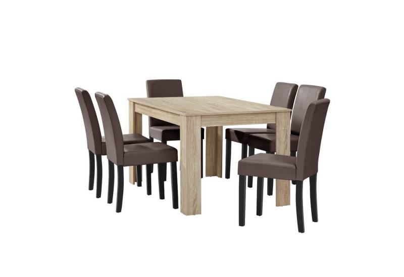 en.casa Essgruppe, (7-tlg., Esstisch mit 6 Stühlen), »Forssa« 140x90cm Küchentisch mit 6x Polsterstühlen von en.casa