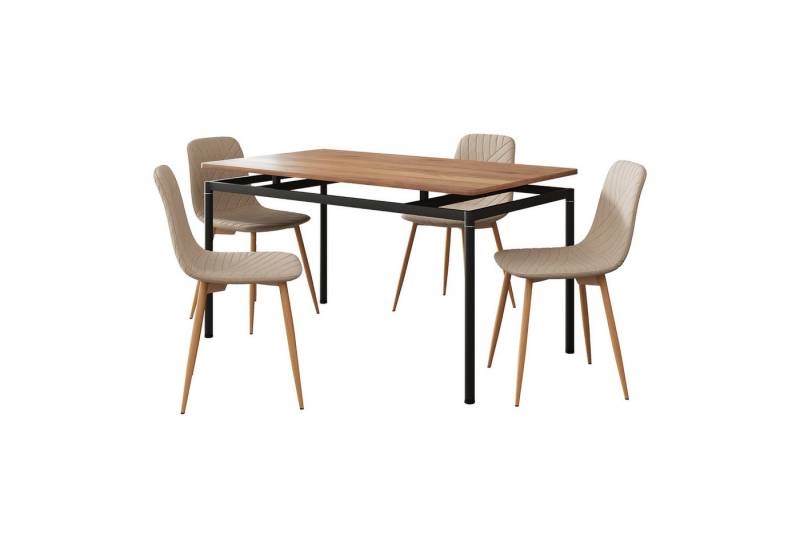 en.casa Essgruppe, (Set, 5-tlg), »Hemnes« Textilbezug Stahlbeine Hellbraun von en.casa