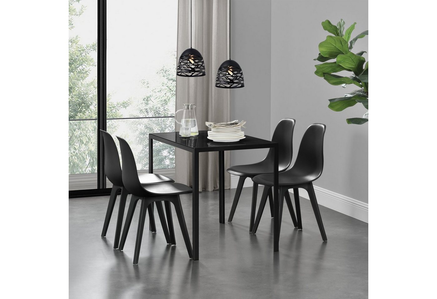 en.casa Essgruppe, (Set, 5-tlg., 4 Stühle, 1 Tisch), »Stathelle« Küchentisch mit Glasplatte Kunststoff Stühle schwarz von en.casa