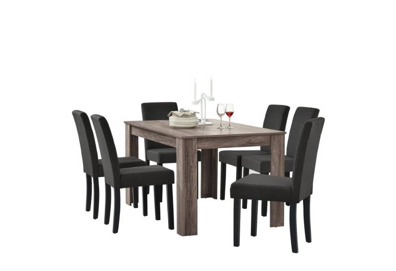 en.casa Essgruppe, (Set, 7-tlg., Esstisch mit 6 Stühlen), »Kramfors« Esstisch mit 6 x Stühle antike Eiche-Optik Dunkelgrau von en.casa