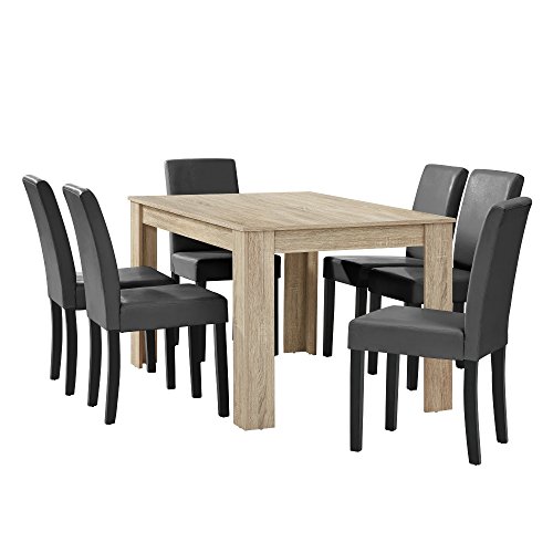 [en.casa] Esstisch Eiche hell mit 6 Stühlen dunkelgrau Kunstleder gepolstert 140x90 Essgruppe Esszimmer von [en.casa]