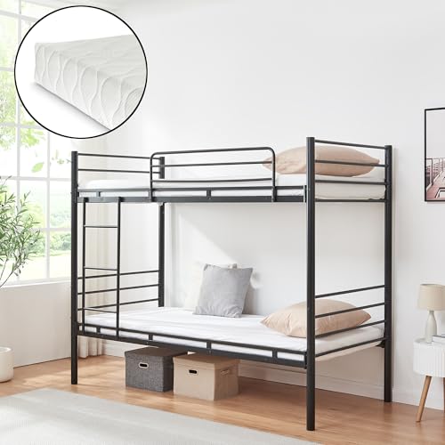 [en.casa] Etagenbett Bevapis mit 2 Matratzen Hochbett 90 x 200 cm Gästebett Kinderbett mit Leiter und Rausfallschutz Bett 210 x 94 x 171 cm Jugendbett Metall Schwarz von [en.casa]