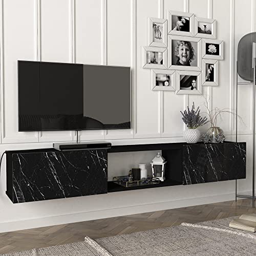 [en.casa] Fernsehschrank Paltamo Fernsehtisch mit 3 Fächern Lowboard 180x31x29,5cm hängend TV-Board Marmor, schwarz von [en.casa]
