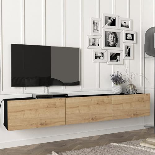 [en.casa] Fernsehschrank Vihti mit 3 Staufächern Lowboard 180x31x29,5cm Hängeboard schwebend Schwarz/Eiche von [en.casa]