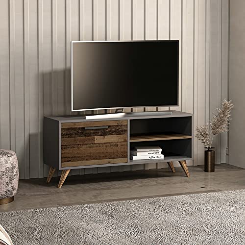 [en.casa] Fernsehtisch Helle mit 2 offenen Fächern und einem Staufach TV Schrank TV Bank 50 x 120 x 35 cm Lowboard TV Möbel Altholz/Anthrazit von [en.casa]