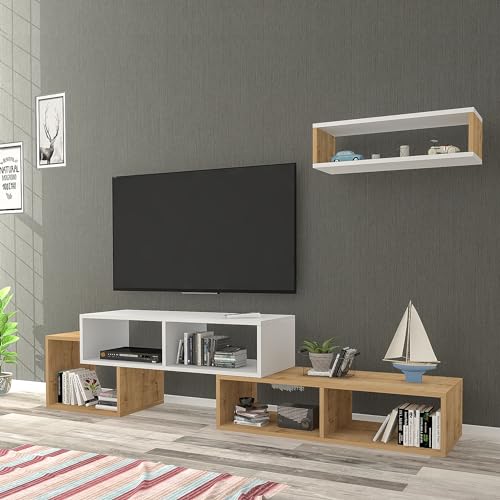 [en.casa] Fernsehtisch Malvik mit Wandregal TV Bank 2er Set offener Fernsehschrank mit 5 Fächern Fernsehregal für Wohnzimmer 170 x 29,5 x 42 cm Weiß/Saphir-Eiche-Optik von [en.casa]